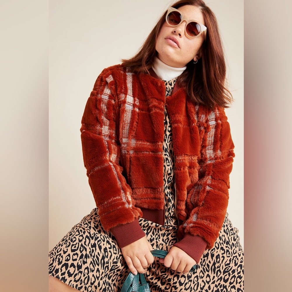 Anthropologie Plaid Teddy Bomber Jacket